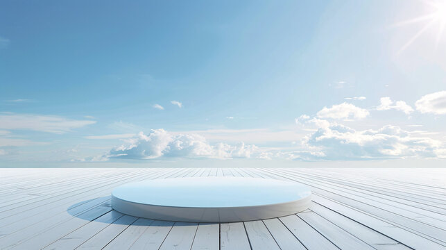 3d product podium display with cloud on blue sky backround for presentaiton