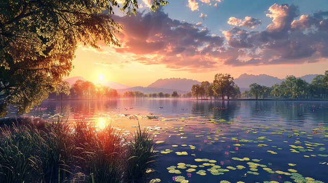 3d rendering of cartoon Panorama of beautiful sunrise over lake