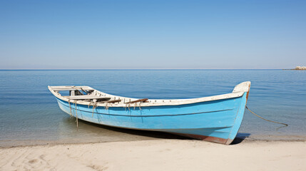 Retrospect old fishing boat on sandy seashore recalls peaceful coastal memories - obrazy, fototapety, plakaty