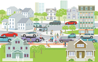 Naklejka premium Stadtsilhouette mit Personen auf dem Zebrastreifen und Straßenverkehr, Illustration 