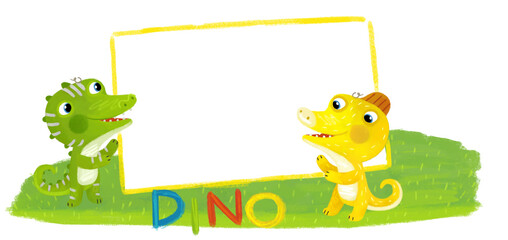 cartoon scene with dino dinosaurs or dragons friends playing having fun childhood on white background with space for text illustration for children - 767900240