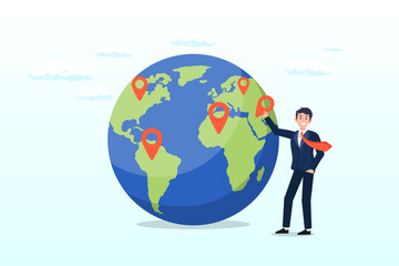 Businessman CEO put new branch pin on world map across global, global business expansion, open company branches, franchise in new location to cover all continent, growing business worldwide (Vector)