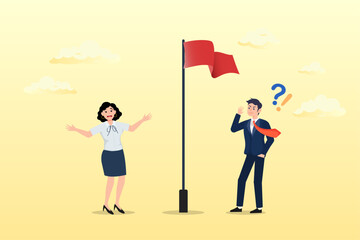 Thoughtful businessman and businesswoman look at red flag warning, red flag warning to be careful for business or economic disaster, advice, notice or caution, attention or alert for threat (Vector)