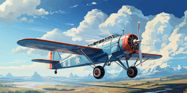 vector illustration of the cumulonimbus clouds image with a biplane flying in the blue sky