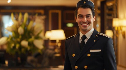 Hotel concierge in uniform smiling.