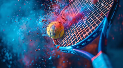Tennis racket splashing colored powder in midair as it hits the ball in slow motion against a dark background and space for text, Generative AI. - obrazy, fototapety, plakaty