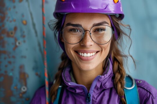 Close-up portrait of a female industrial mountaineer worker in bright uniform against concrete wall. Industrial climber works at an industrial facility using safety gear. Industrial alpinism concept.