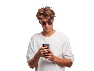Hombre joven usando un smartphone, fondo blanco