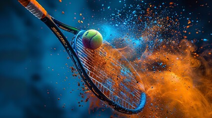 Tennis racket splashing colored powder in midair as it hits the ball in slow motion against a dark background and space for text, Generative AI. - obrazy, fototapety, plakaty