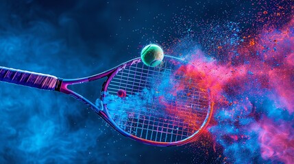 Tennis racket splashing colored powder in midair as it hits the ball in slow motion against a dark background and space for text, Generative AI.