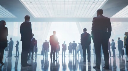 Back view group of businesspeople in formal clothes standing in exhibition hall. AI generated image