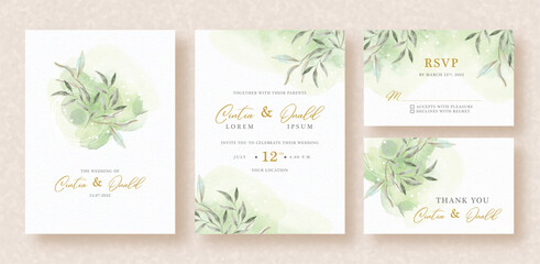 Fototapeta na wymiar Beauty watercolor leaves on wedding invitation template