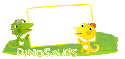 cartoon scene with dino dinosaurs or dragons friends playing having fun childhood on white background with space for text illustration for children - 767901213