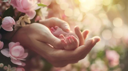 Fotobehang Close up parent hands holding a baby newborn blur background. AI generated image © saifur