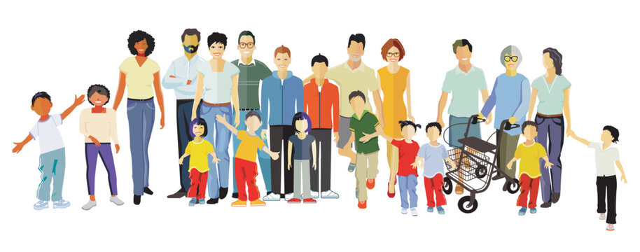 Eine große Gruppe von Eltern mit Kindern, isoliert illustration