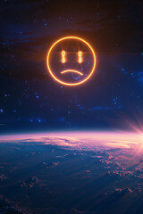 A sad emoji icon above the planet earth