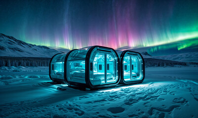 transparent igloo is placed on a snowy surface with a starry sky and the Northern Lights in the background. - 767901600