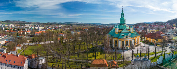 Panorama of the city of Jelenia Góra in the Karkonosze Mountains - Lutheran church - obrazy, fototapety, plakaty
