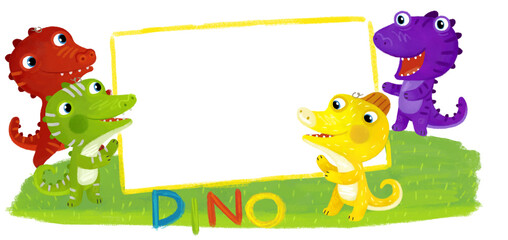 cartoon scene with dino dinosaurs or dragons friends playing having fun childhood on white background with space for text illustration for children - 767901646