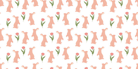 Bunny seamless pattern with leaves in doodle style. Endless Illustration with animals. White rabbits with botanical elements on white background. Cute kids design