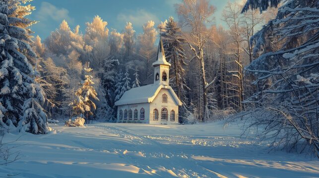 A quaint little house nestled amidst a snowy winter landscape, surrounded by glistening white snow and frosted trees. The serene scene evokes a sense of coziness and tranquility. 