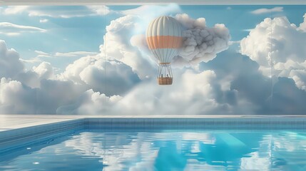  In a picturesque sky dotted with fluffy clouds, a majestic gas balloon drifts peacefully, casting a shadow on the earth below as it embarks on a tranquil journey through the heavens. 