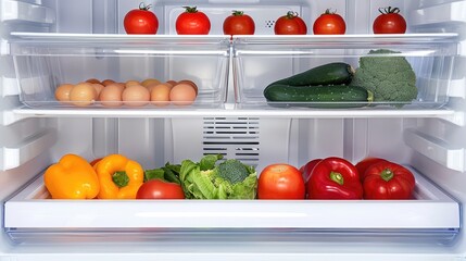 Open refrigerator with fresh vegetables on shelves
