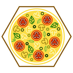 Pizza emblem, logo for mushroom pizza packaging. Collection of icons - mushrooms, tomatoes, basil, olives. Vector illustration