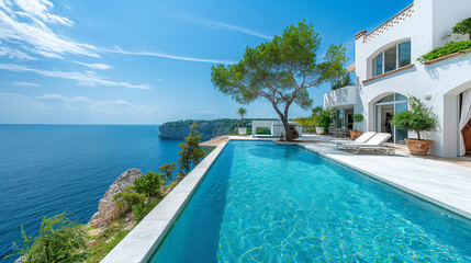 Traditional Mediterranean white house with swimming pool on a hill overlooking the sea. background Summer holidays