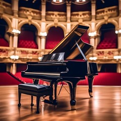 Black piano on the stage of the theater