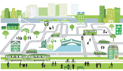 Stadtübersicht mit Verkehr und Häusern, Information illustration