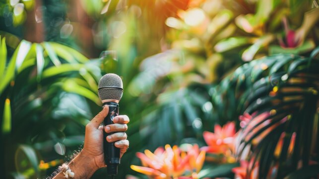  A close-up of a singer holding a microphone, with a backdrop of tropical flowers and lush greenery, 