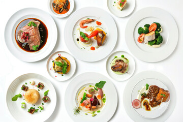 Various dishes displayed on individual plates, isolated against white background