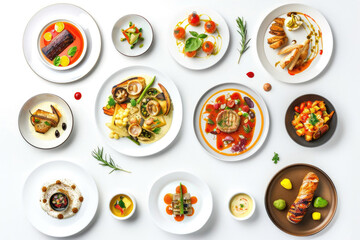 Various dishes displayed on individual plates, isolated against white background