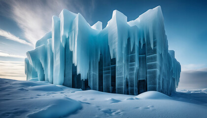 Explore the majestic details of this ice fortress, a stunning creation amidst a blanket of pure white snow - 767902270