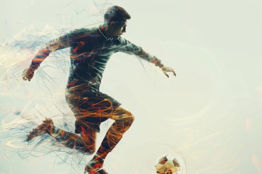 Double exposure of a Soccer player ready to kick the soccerball at the stadium. Generative AI