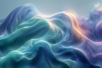 Obraz premium Abstract digital art of flowing, ethereal shapes in soft blues and greens against a deep blue background. 