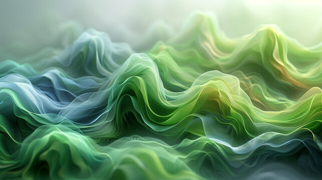 Abstract digital art of flowing, ethereal shapes in soft blues and greens against a deep blue background. 