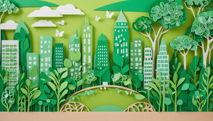 Eco friendly city concept in a beautiful paper cut style design. Green living and urban sustainability on Earth.  colorful background 
