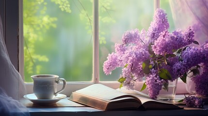 Bouquet of lilacs in a vase,cup of coffee and books on the windowsill