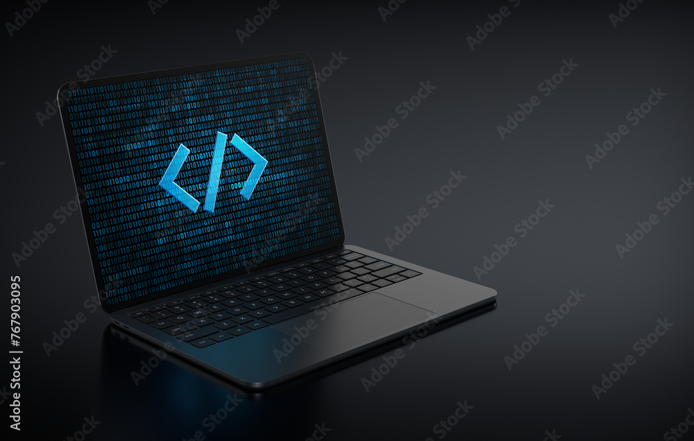 Poster laptop device in the left side positioned diagonally with digital code icon in screen on a dark back