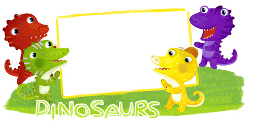 cartoon scene with dino dinosaurs or dragons friends playing having fun childhood on white background with space for text illustration for children - 767903017