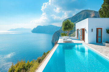 Fototapeta premium Traditional Mediterranean white house with swimming pool on a hill overlooking the sea. background Summer holidays