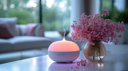 Essential oil diffuser with pink light and steam with fresh herbs in modern home.