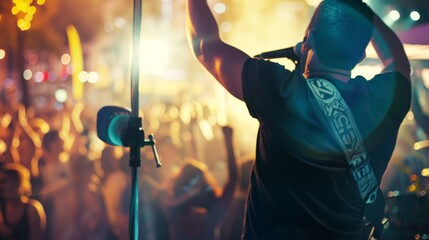 A dynamic shot of a singer belting out a summer anthem on stage at an outdoor music festival
