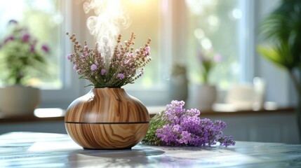 Lavender bouquet in wooden vase on window sill. Home interior and relaxation concept - obrazy, fototapety, plakaty