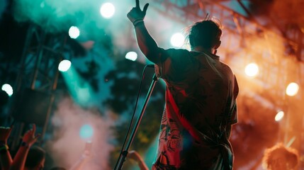 A dynamic shot of a singer belting out a summer anthem on stage at an outdoor music festival, with the crowd dancing in the background - obrazy, fototapety, plakaty