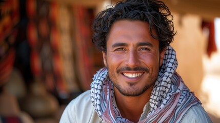 Smiling man with scarf. Outdoor candid portrait. - obrazy, fototapety, plakaty