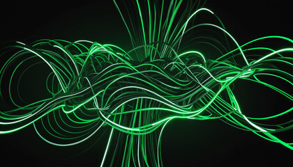 3d render. Abstract vortex of wavy green neon lines in motion, isolated on black background. Unfocussed bokeh lights colorful background