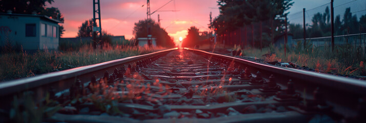 Railway track in the evening in sunset. generative ai 
